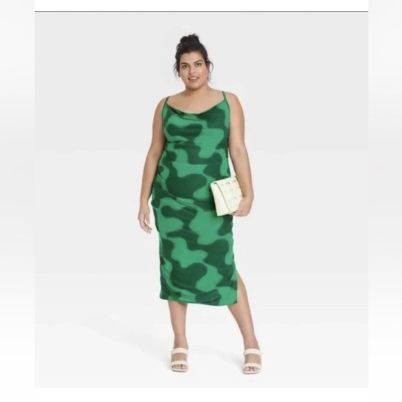 NWT Ava & Viv Green Geo Ruched Mesh Bodycon Vacation Casual Party Midi Dress 14W - Picture 3 of 13